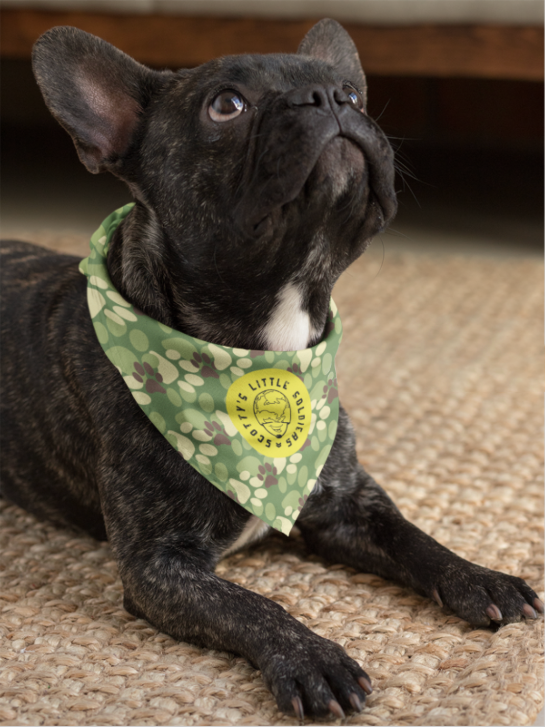 Green woof walk bandana being modeled by a black Pug